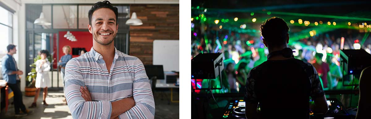 Left Image: The owner of a company happy with his MeMail accounts. Right Image: A DJ working