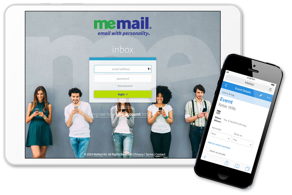 The MeMail website displayed on a table and phone.